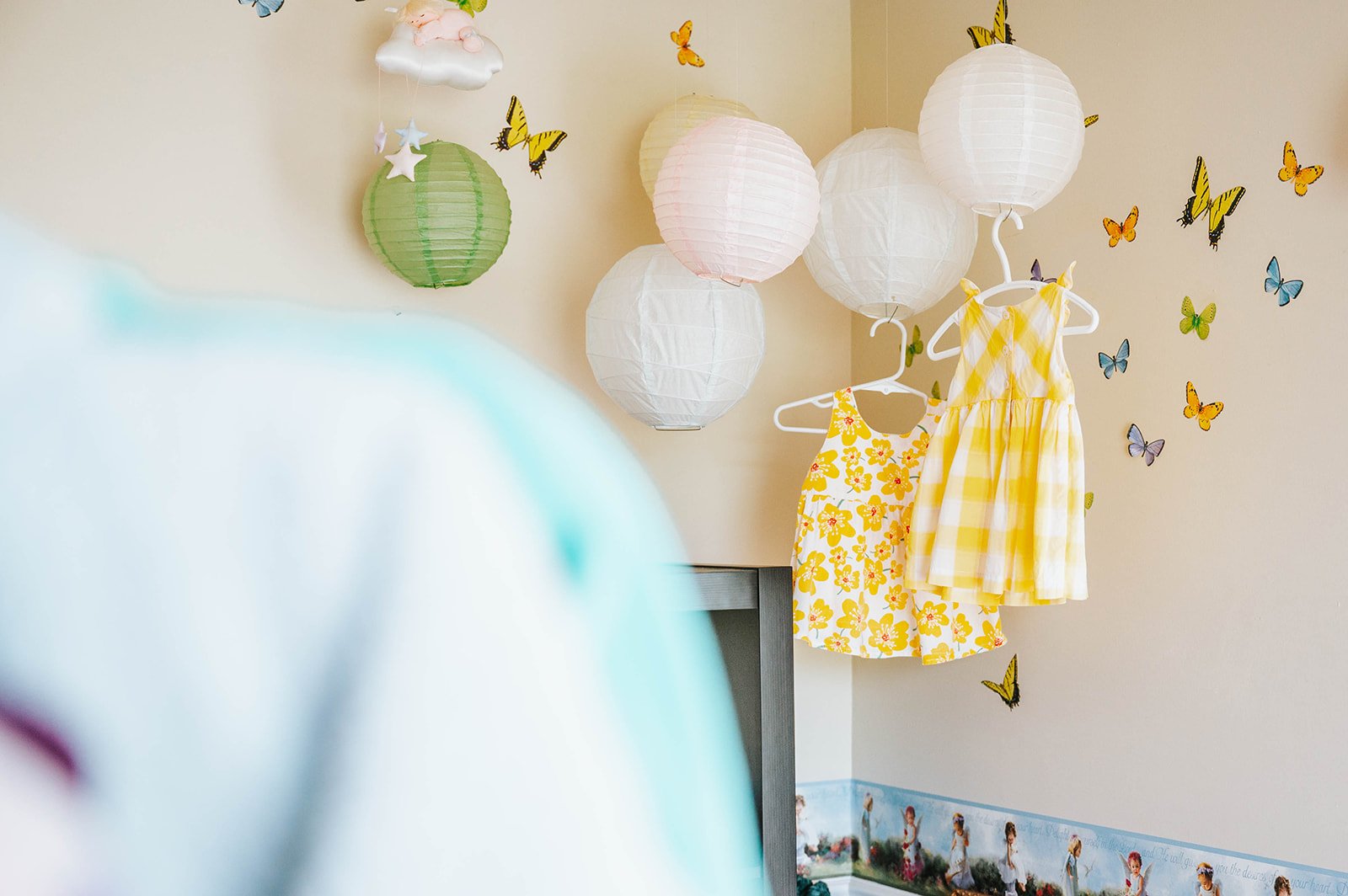 Butterfly decorations in the Safe Choice nursery corner