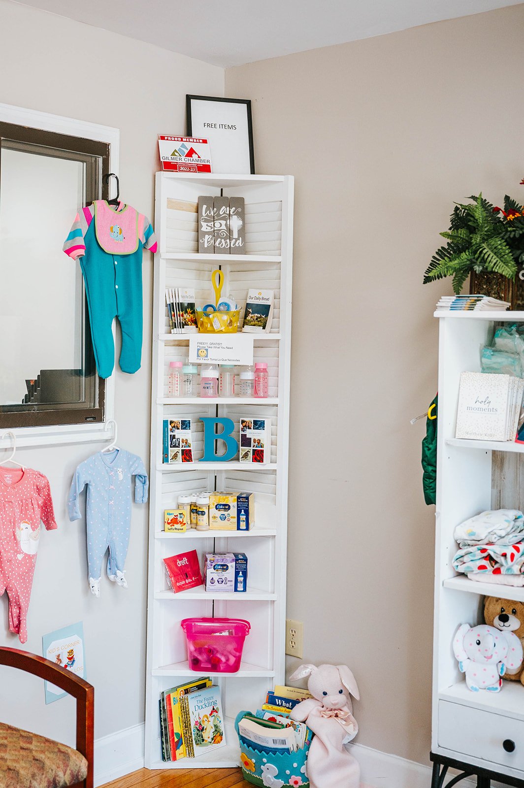 Stocked supply shelves in the Baby Boutique